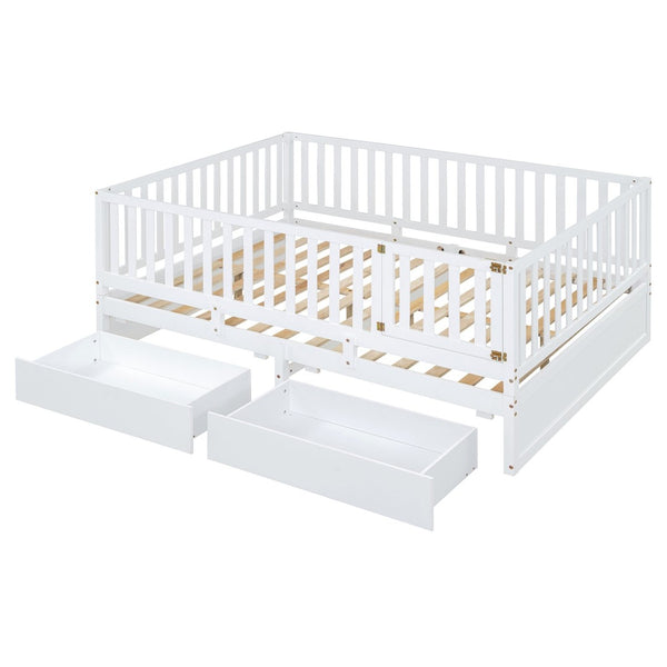 English Elm Full Size Pinewood Kids Daybed with Fence Rails Split Floor Bed and Storage Drawers White LP100882AAK