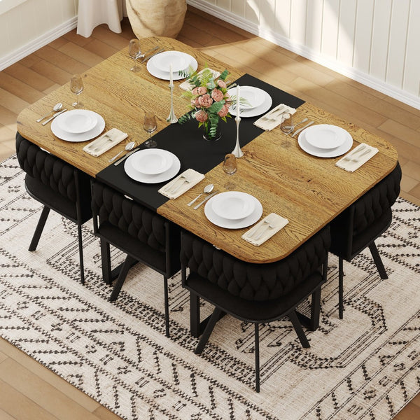 English Elm 7-piece Dining Set Tufted Velvet Chairs Melamine Table Modern Farmhouse Kitchen Black,Wood W3875S00114