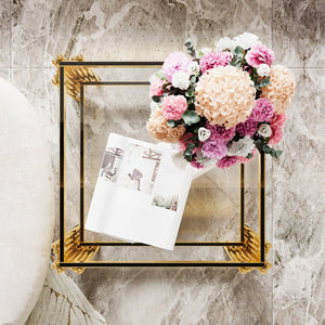 English Elm Modern Round Mirrored Glass End Table with Gold Metal Frame and Lower Display Shelf Transparent N735P380093K