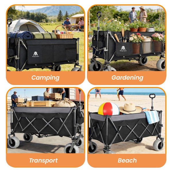 English Elm 52-inch Heavy Duty Folding Utility Wagon 560lb Capacity All Terrain Collapsible Cart Black+ Gray W2932P417661