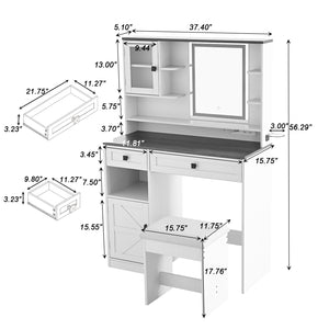 English Elm Farmhouse Makeup Vanity Desk with Lighted Mirror, Built-In Charging Station, Ample Storage and Stool Rustic Brown N844P291652W