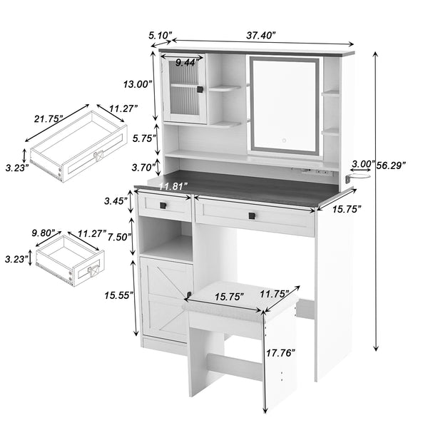 English Elm Farmhouse Makeup Vanity Desk with Lighted Mirror, Built-In Charging Station, Ample Storage and Stool Rustic Brown N844P291652W