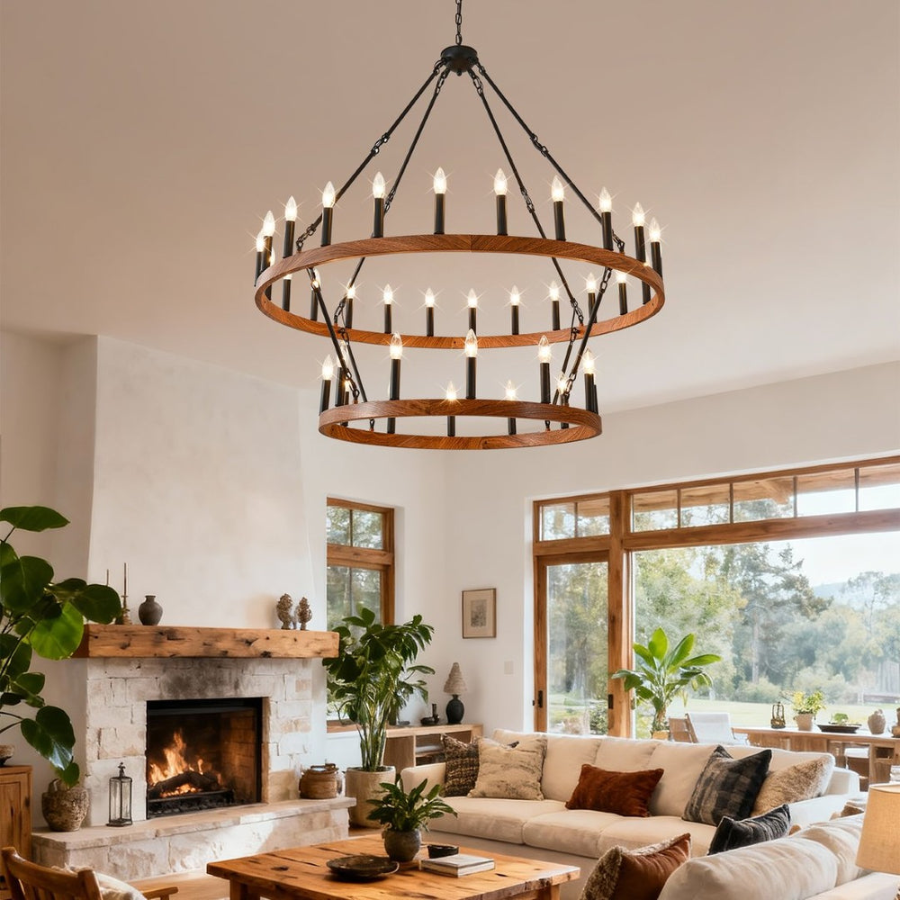 English Elm 47.24 Inch Two-tier Wagon Wheel Chandelier 36-light Wood Grain Metal Farmhouse Foyer Fixture W5008P392657