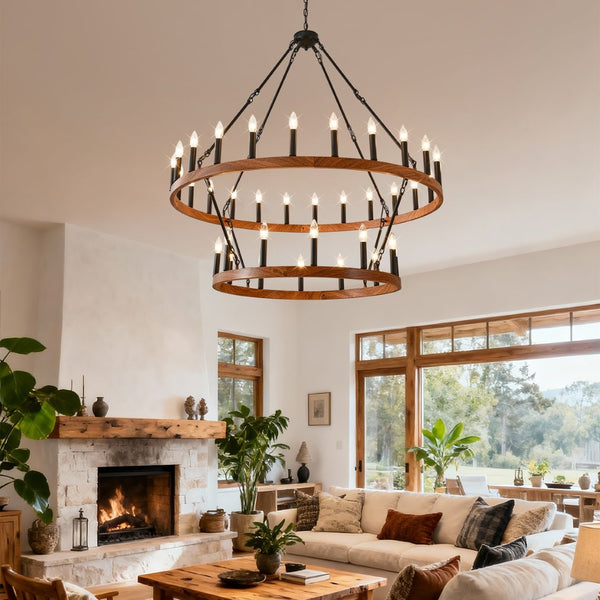 English Elm 47.24 Inch Two-tier Wagon Wheel Chandelier 36-light Wood Grain Metal Farmhouse Foyer Fixture W5008P392657