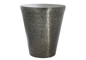 English Elm Accent Drum End Table with Hammered Metal Finish — 22" Handcrafted Cone Shape for Chic Living Spaces Silver 23 L x 23 W x 26 H B2710P219456