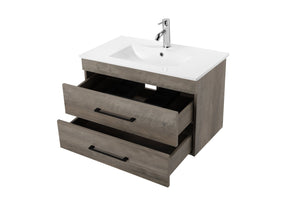 English Elm 32-Inch Modern Grey Wood Grain Wall-Mounted Bathroom Vanity With Soft-Close Drawers & Sink W3151S00006