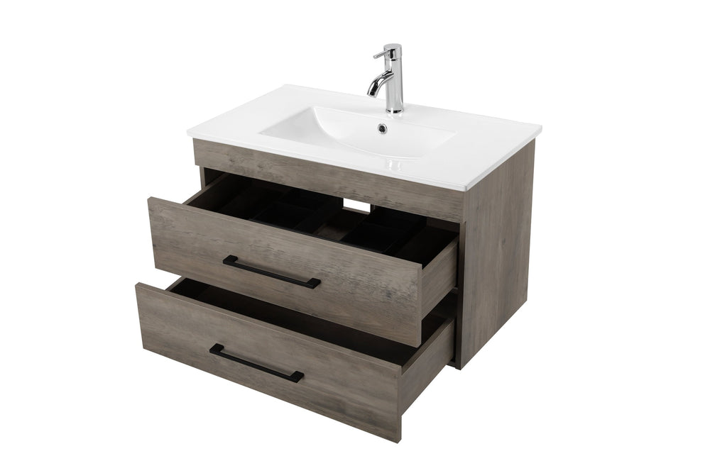 English Elm 32-Inch Grey Wood Grain Wall-Mounted Bathroom Vanity With Soft-Close Drawers & White Sink W3151S00015