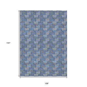 HomeRoots 9' X 12' Navy Blue & Ivory Geometric Area Rug - Washable, Durable Design for Indoor & Outdoor Use 595023