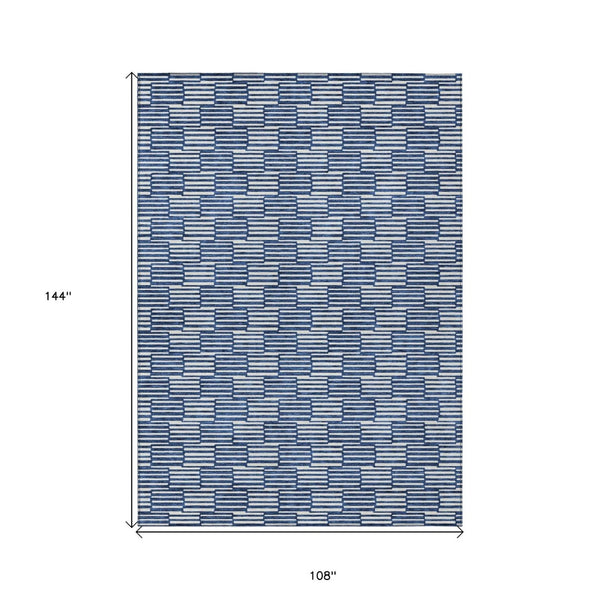 HomeRoots 9' X 12' Navy Blue & Ivory Geometric Area Rug - Washable, Durable Design for Indoor & Outdoor Use 595023