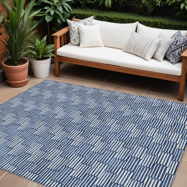 HomeRoots 9' X 12' Navy Blue & Ivory Geometric Area Rug - Washable, Durable Design for Indoor & Outdoor Use 595023