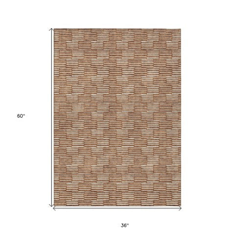 Homeroots 3' Stylish Beige And Ivory Geometric Washable Area Rug For Indoor And Outdoor Spaces, Durable Design 3' X 5' Polyester 595025
