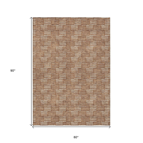 HomeRoots 5' Copper and Beige Geometric Area Rug - Stylish, Durable, Machine Washable for Indoor/Outdoor Use 5' X 8' 595026