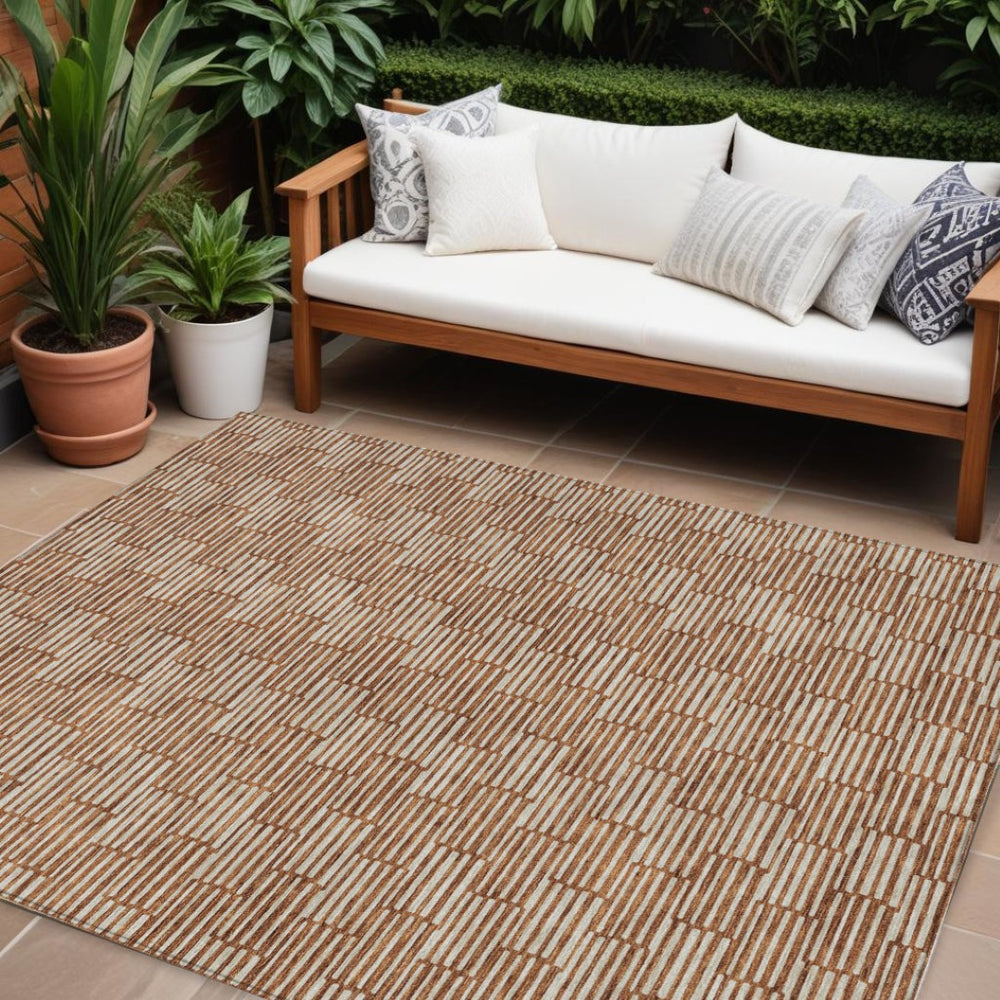 HomeRoots 9' X 12' Copper & Beige Geometric Area Rug - Durable, Washable Design for Indoor & Outdoor Spaces 595029