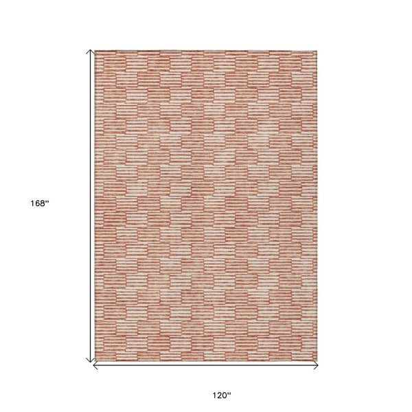 HomeRoots 5' Salmon and Ivory Geometric Area Rug - Modern, Washable Design for Indoor and Outdoor Spaces 10' X 14' 595036