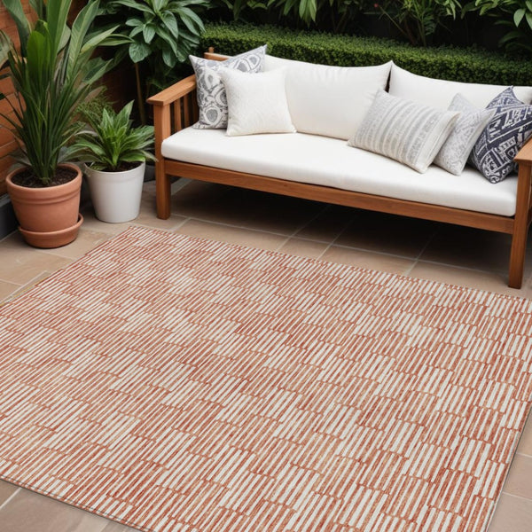 HomeRoots 5' Salmon and Ivory Geometric Area Rug - Modern, Washable Design for Indoor and Outdoor Spaces 10' X 14' 595036
