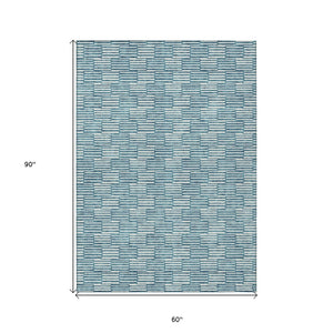 HomeRoots 5' Refresh Your Space with a Stylish Teal Blue and Ivory Geometric Washable Area Rug for Indoors Outdoors 5' X 8' 595038