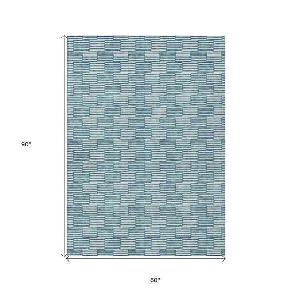HomeRoots 5' Refresh Your Space with a Stylish Teal Blue and Ivory Geometric Washable Area Rug for Indoors Outdoors 5' X 8' 595038