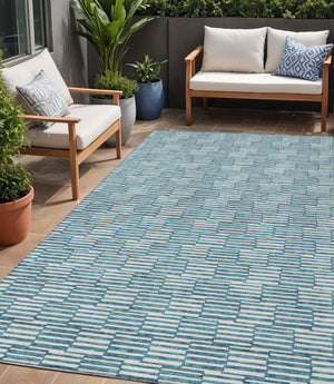 HomeRoots 5' Refresh Your Space with a Stylish Teal Blue and Ivory Geometric Washable Area Rug for Indoors Outdoors 5' X 8' 595038