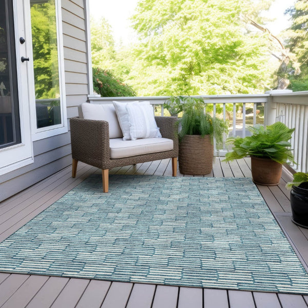 HomeRoots 5' Refresh Your Space with a Stylish Teal Blue and Ivory Geometric Washable Area Rug for Indoors Outdoors 5' X 8' 595038