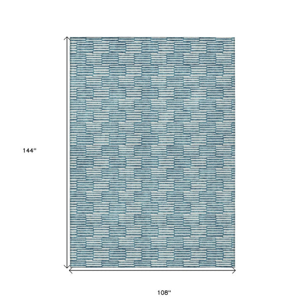 HomeRoots 9' X 12' Teal Blue & Ivory Geometric Indoor/Outdoor Area Rug - Stylish, Durable, & Washable Design! 595041