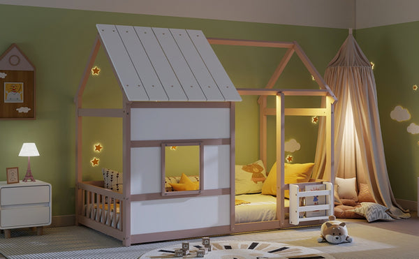 English Elm Twin House Frame Floor Bed Pinewood Build with Led Roofline Kids Bedroom Cream,White W697P435884