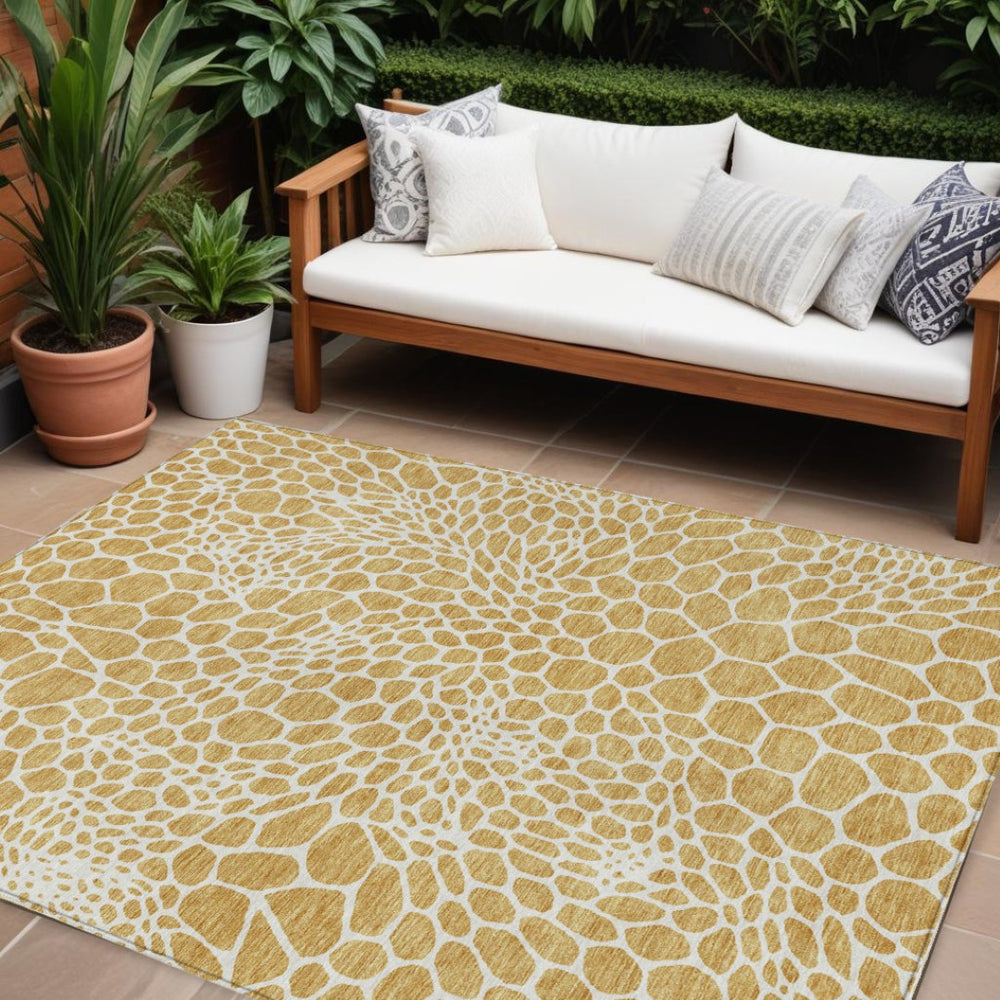 HomeRoots 9' X 12' Gold and Ivory Geometric Washable Area Rug for Indoor & Outdoor Use - Durable & Stylish! 595071