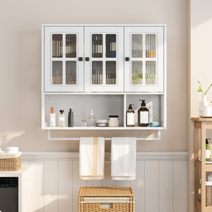 English Elm Bathroom Wall Cabinet with 3 Doors and Glass Panel, MDF Storage Cabinet with Towel Bar, Modern 35.6"L x 10.2"W x 32.5"H White W757P329727