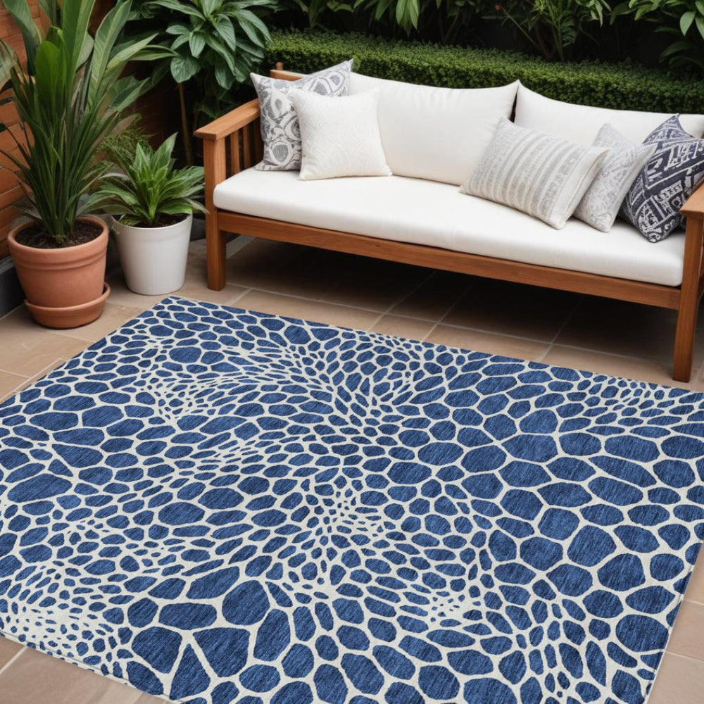 HomeRoots 5' Navy Blue and Ivory Geometric Indoor Outdoor Area Rug - Durable, Washable, and Stylish Design 8' X 10' 595100