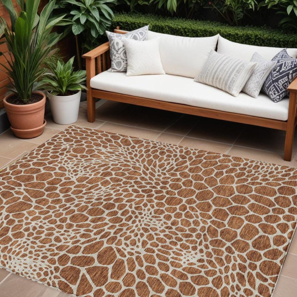 HomeRoots 9' X 12' Stylish Brown And Beige Geometric Washable Area Rug for Indoor/Outdoor High-Traffic Use 595113