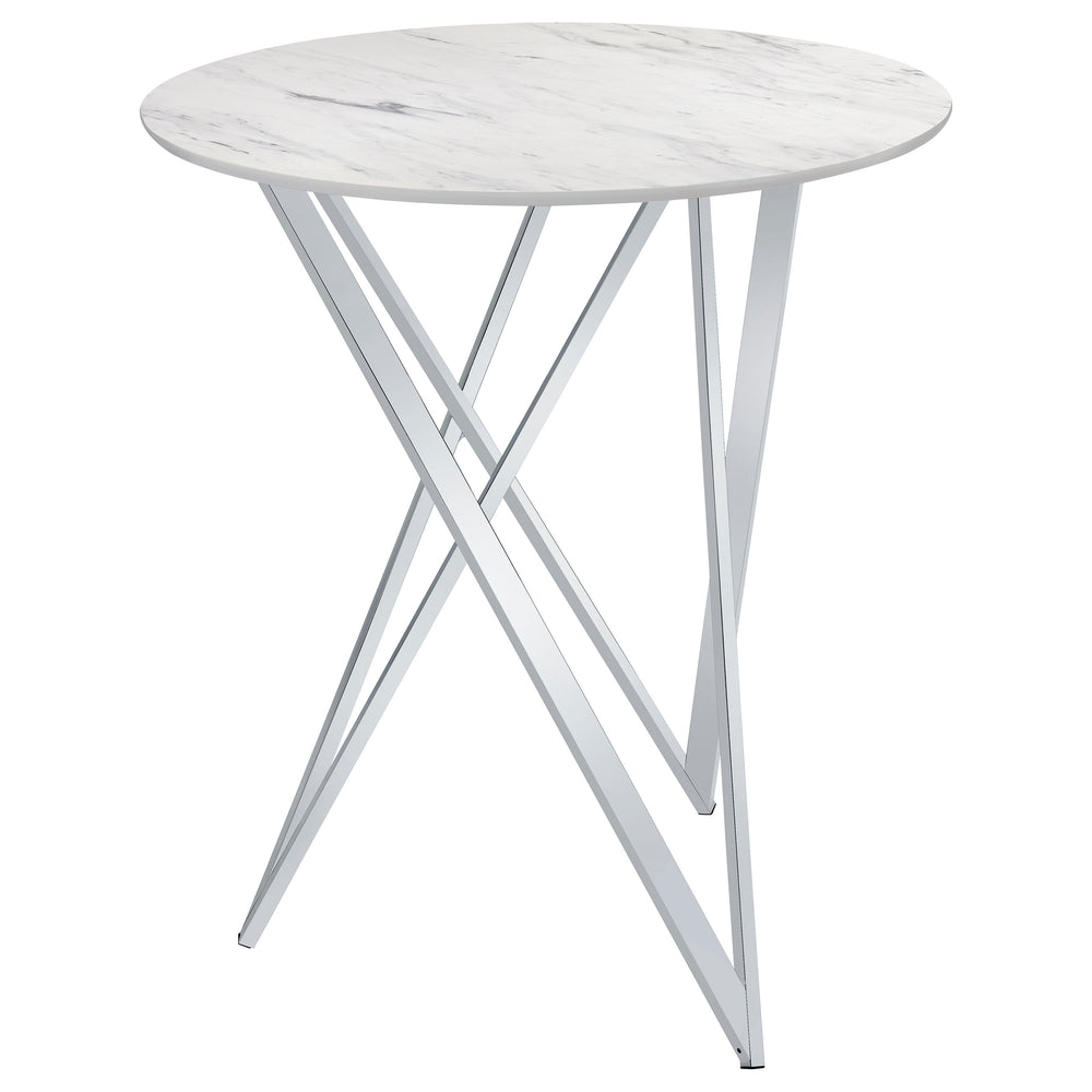 English Elm Halverson Sleek White Faux Marble Round Bar Table with Chrome Accents — Durable Stylish 35.25" Top B062P344885