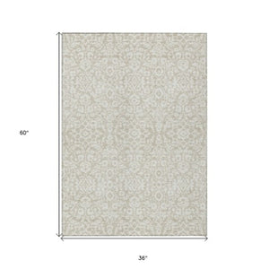 Homeroots 3' Beige And Ivory Damask Washable Indoor Outdoor Area Rug - Stylish, Durable, And Easy To Clean 3' X 5' Polyester 595121