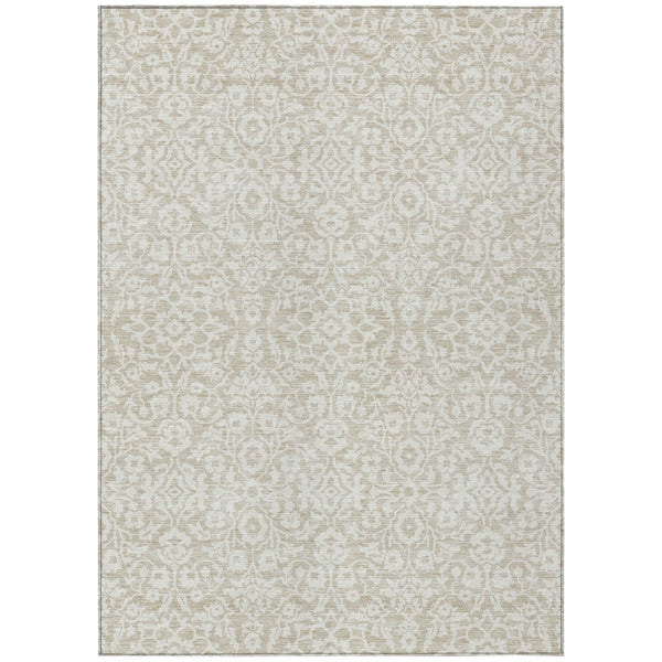 Homeroots 3' Beige And Ivory Damask Washable Indoor Outdoor Area Rug - Stylish, Durable, And Easy To Clean 5' X 8' Polyester 595122