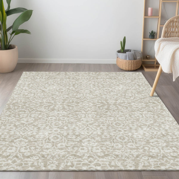 Homeroots 3' Beige And Ivory Damask Washable Indoor Outdoor Area Rug - Stylish, Durable, And Easy To Clean 5' X 8' Polyester 595122