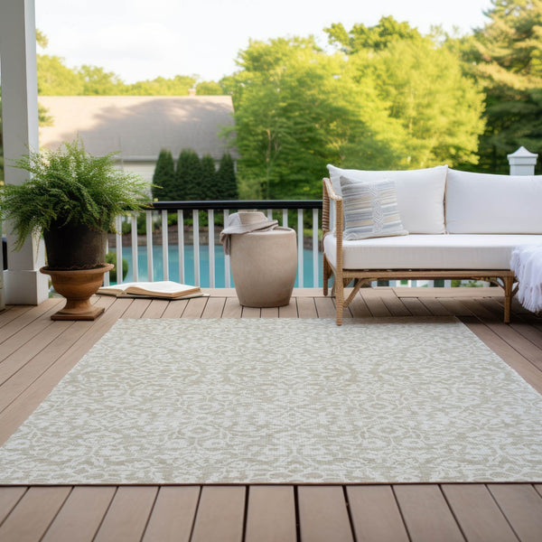 Homeroots 3' Beige And Ivory Damask Washable Indoor Outdoor Area Rug - Stylish, Durable, And Easy To Clean 5' X 8' Polyester 595122