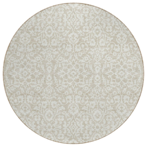 HomeRoots 5' Elegant Washable Beige and Ivory Damask Area Rug for Indoor and Outdoor Spaces, Pet-Friendly Design 8' Round 595123