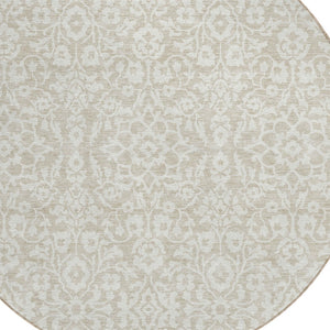 Homeroots 3' Beige And Ivory Damask Washable Indoor Outdoor Area Rug - Stylish, Durable, And Easy To Clean 8' Round Polyester 595123