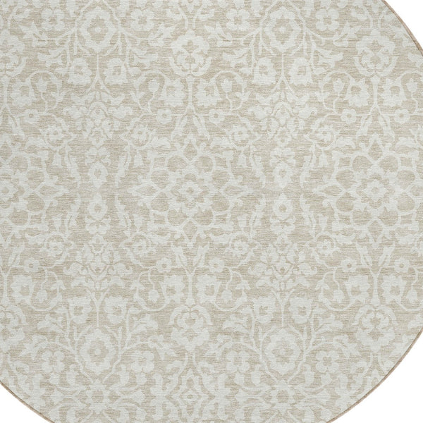 Homeroots 3' Beige And Ivory Damask Washable Indoor Outdoor Area Rug - Stylish, Durable, And Easy To Clean 8' Round Polyester 595123