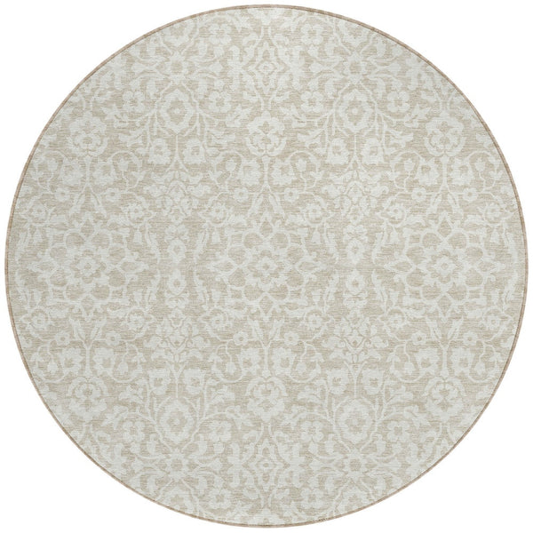 Homeroots 3' Beige And Ivory Damask Washable Indoor Outdoor Area Rug - Stylish, Durable, And Easy To Clean 8' Round Polyester 595123