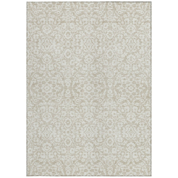 Homeroots 3' Beige And Ivory Damask Washable Indoor Outdoor Area Rug - Stylish, Durable, And Easy To Clean 8' X 10' Polyester 595124