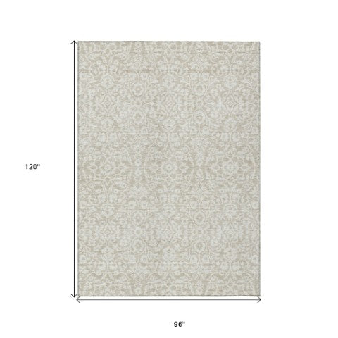 Homeroots 3' Beige And Ivory Damask Washable Indoor Outdoor Area Rug - Stylish, Durable, And Easy To Clean 8' X 10' Polyester 595124