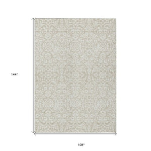 Homeroots 3' Beige And Ivory Damask Washable Indoor Outdoor Area Rug - Stylish, Durable, And Easy To Clean 9' X 12' Polyester 595125