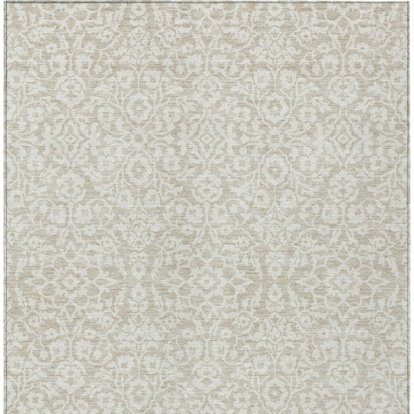 Homeroots 3' Beige And Ivory Damask Washable Indoor Outdoor Area Rug - Stylish, Durable, And Easy To Clean 10' X 14' Polyester 595126