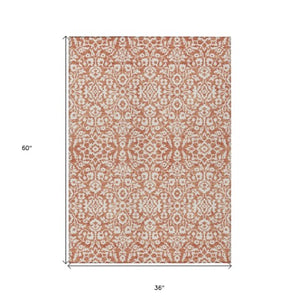 Homeroots 3' Beige And Ivory Damask Washable Indoor Outdoor Area Rug - Stylish, Durable, And Easy To Clean 3' X 5' Polyester 595127