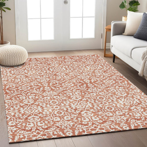 HomeRoots 5' Coral and Ivory Damask Area Rug – Elegant, Washable, and Durable for Indoor and Outdoor Spaces 5' X 8' 595128