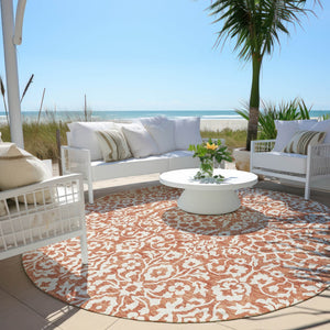 Homeroots 3' Beige And Ivory Damask Washable Indoor Outdoor Area Rug - Stylish, Durable, And Easy To Clean 8' Round Polyester 595129