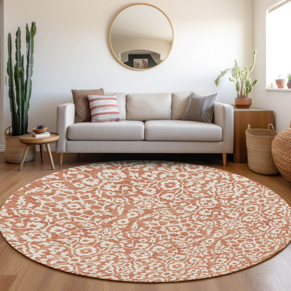 Homeroots 3' Beige And Ivory Damask Washable Indoor Outdoor Area Rug - Stylish, Durable, And Easy To Clean 8' Round Polyester 595129