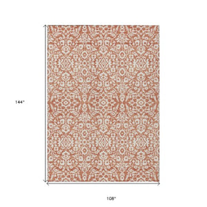 Homeroots 3' Beige And Ivory Damask Washable Indoor Outdoor Area Rug - Stylish, Durable, And Easy To Clean 9' X 12' Polyester 595131