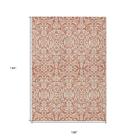 Homeroots 3' Beige And Ivory Damask Washable Indoor Outdoor Area Rug - Stylish, Durable, And Easy To Clean 9' X 12' Polyester 595131