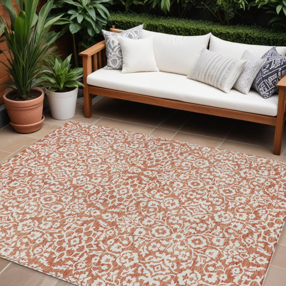 HomeRoots 9' X 12' Coral and Ivory Damask Area Rug - Stylish, Durable, Washable for Indoor & Outdoor Use 595131