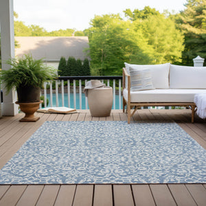 Homeroots 3' Beige And Ivory Damask Washable Indoor Outdoor Area Rug - Stylish, Durable, And Easy To Clean 5' X 8' Polyester 595134